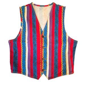 Vintage Jean Vest Colorful Striped Aztec African Halloween Akwa Festival L/XL